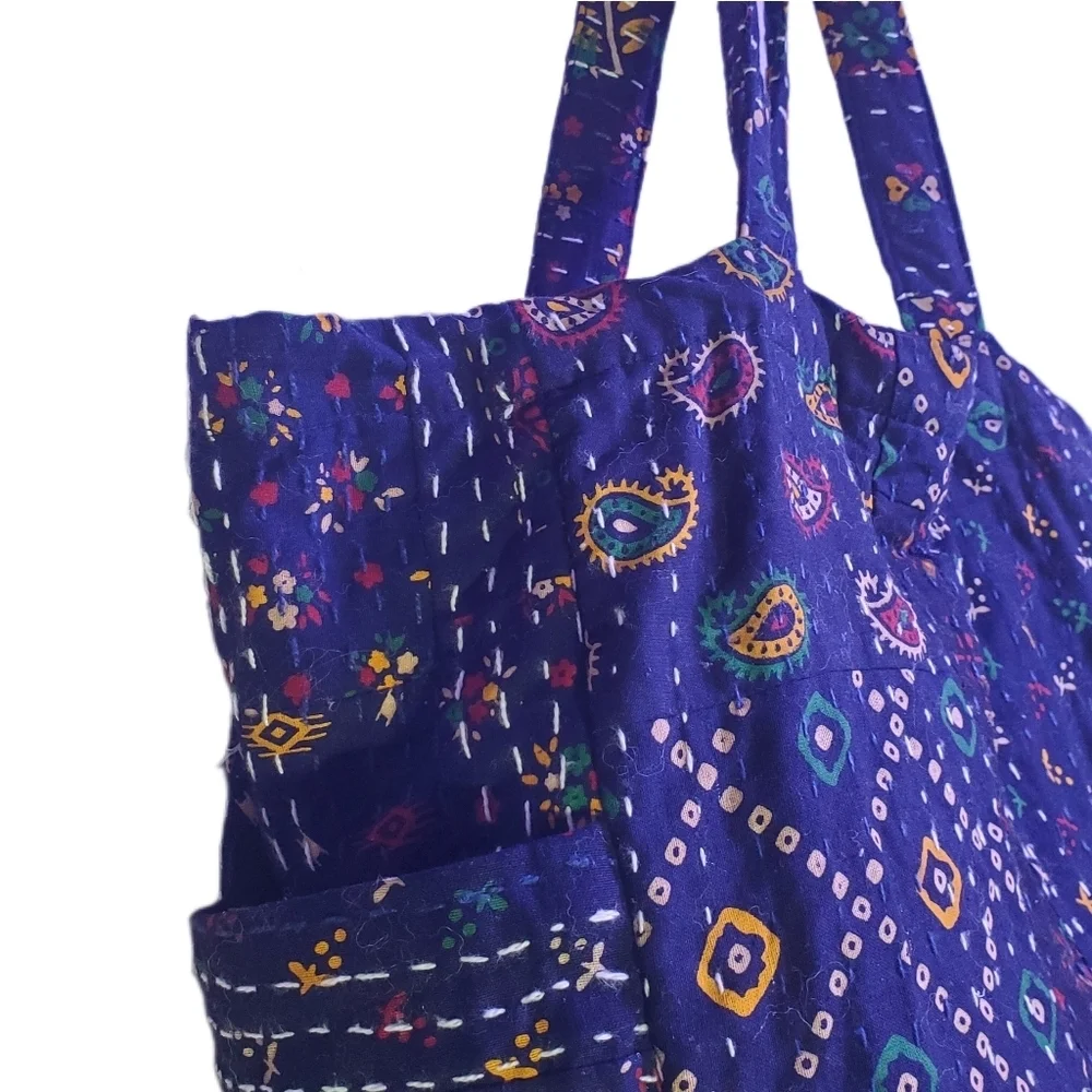 WORLD MARKET Kantha Stitch Tote Bag Multi-color Upcycled Double Straps Bag NWT - Picture 4 of 9